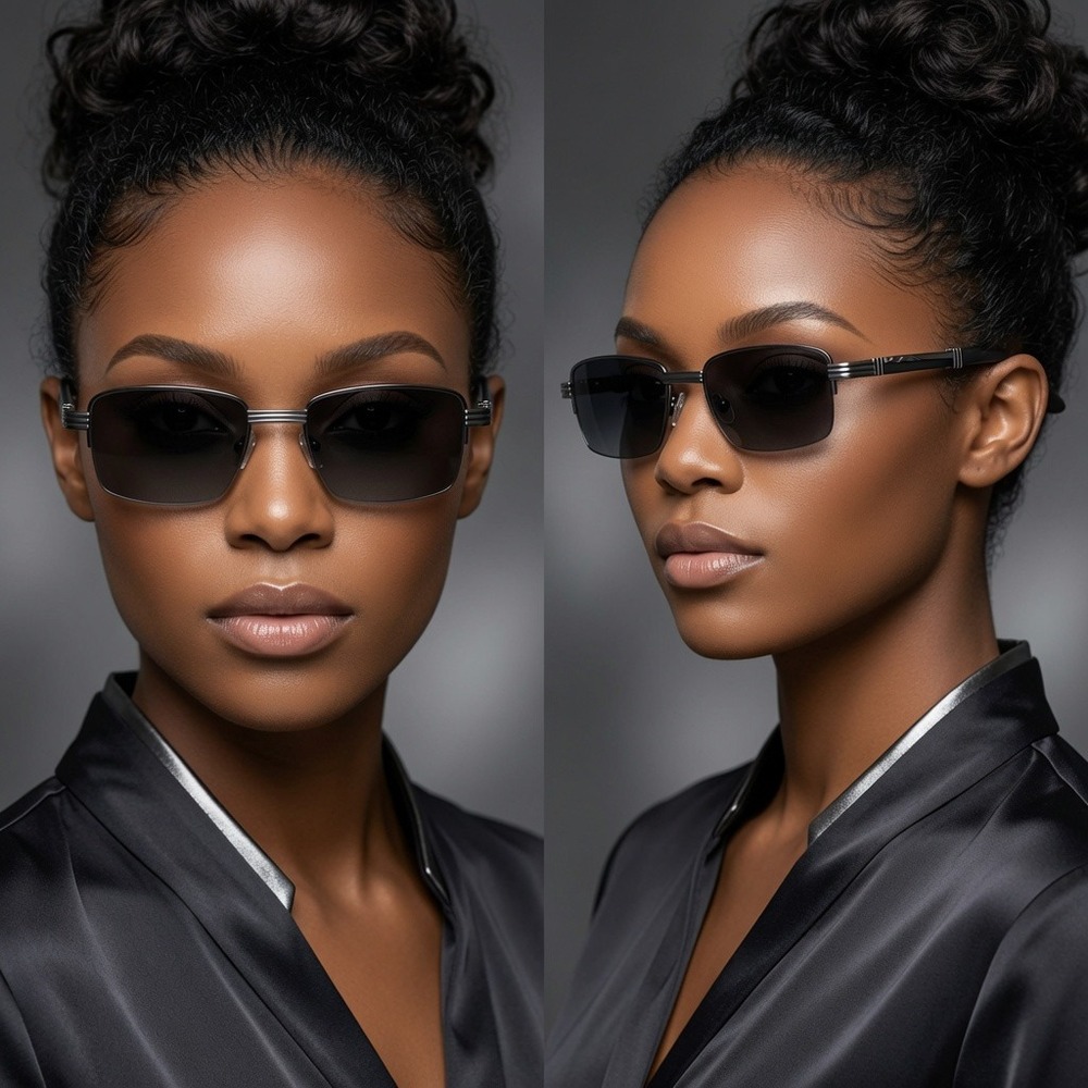 Womens Rectangular Semi-Rimless Sunglasses Gunmetal Metal Frame Gradient Lenses